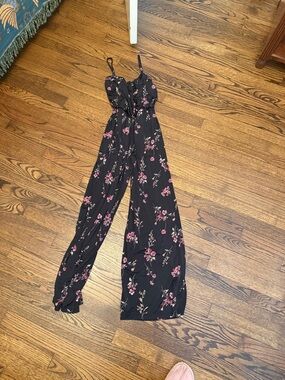 Kaileigh Black Floral Wide-Leg Jumpsuit with Pink Blossoms